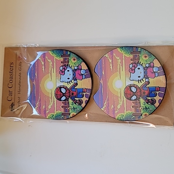 Cat And Spider Boy Handmade Reuseable Neoprene Set of 2 Car Coaster - Picture 4 of 4